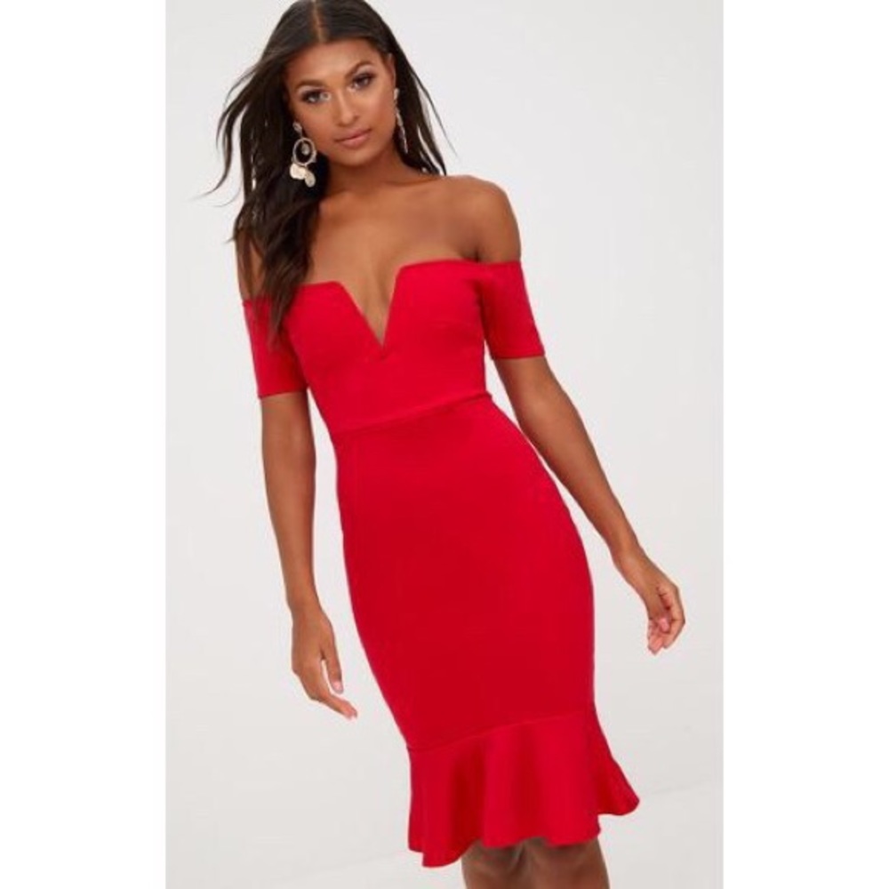 PLT Red Bardot Ruffle Hem Midi Dress NWT - US 4